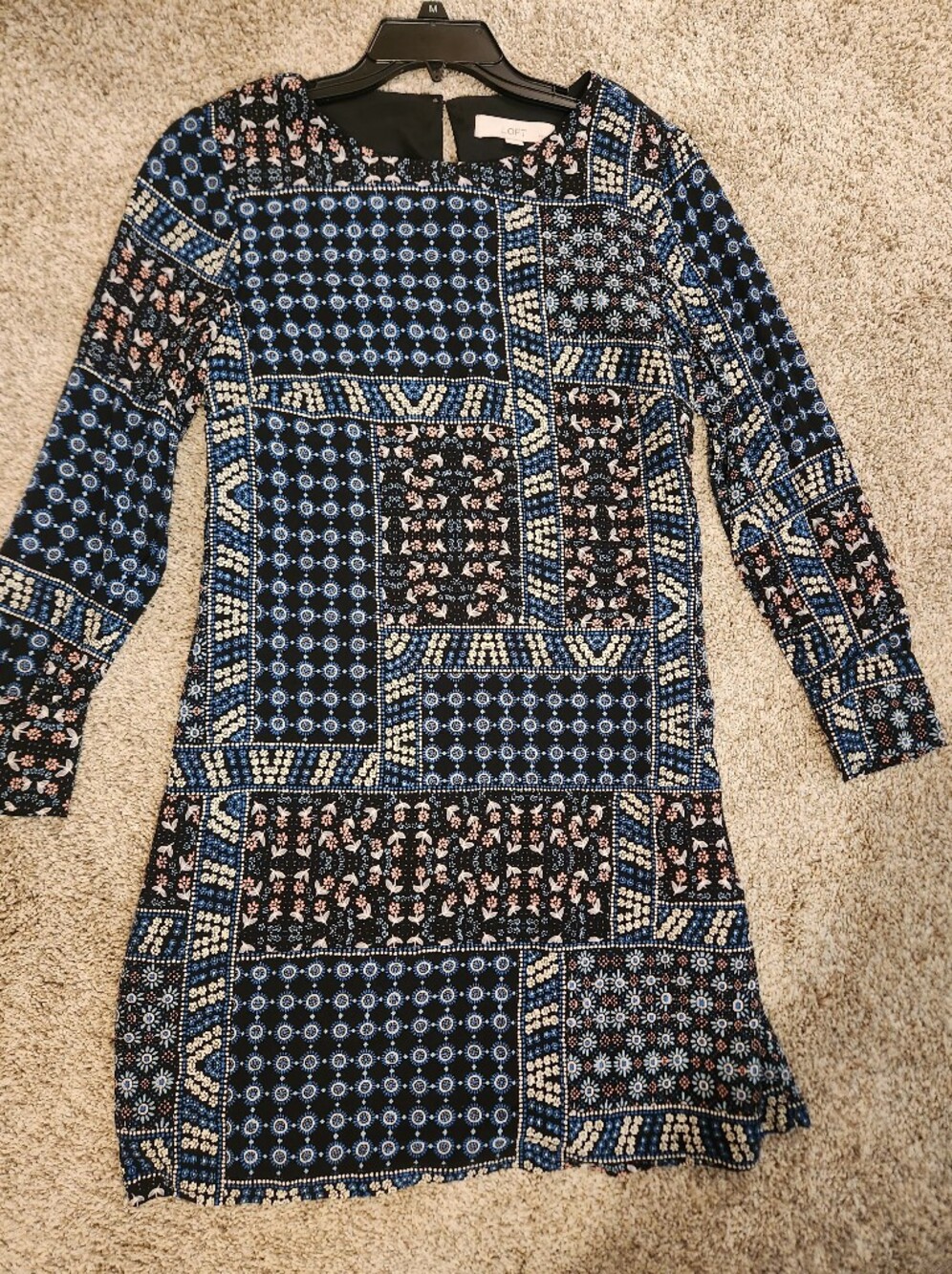 LOFT Black Floral Patchwork Print Dress in Blue, Cream & Peach